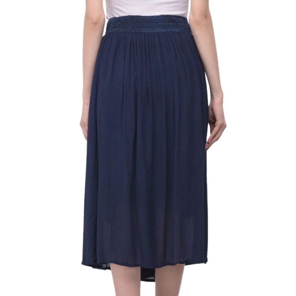 GYPSIE BLU Navy Rayon Gauze Pull-on Midi Skirt - Picture 7 of 8